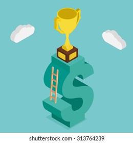 Trophy on money stairs. Success concept. Design 3D isometric.vector illustration