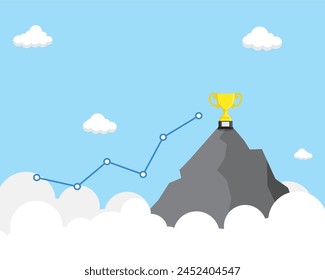 trophy on a mountain above the clouds, concept of points towards achievement, journey to success .vector file