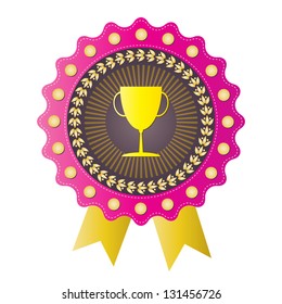 Trophy on  pink badge with Olive wreath, vector format