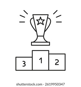 Trofeo En Icono De Línea De Podio. Logro, Éxito Y Reconocimiento De La Competencia Símbolo De Esquema. Ceremonia De Premiación Y Celebración De La Victoria. Trazo Editable. Ilustración vectorial aislada.