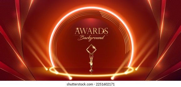 Trophy on Red Carpet Product Display. Neon Effect Round Ring Energy Lights. Red Golden Award Background. Luxury Premium Stage Design. Side Corner Vortex Golden Dots. Show Opener Nomination slide. 