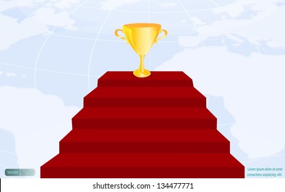Trophy on stair with world map background,successful concept