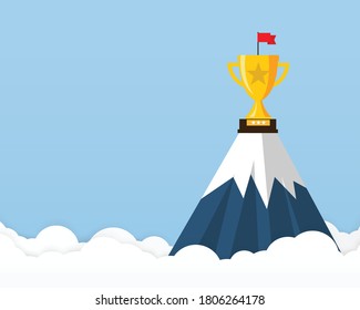 trophy on the top of the mountain. goal achievement, success and winning. business and finance. isolated on blue background. copy space for text input. vector illustration in flat style modern design.