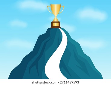 Trophy on the Top of Mountain. Goal Achievement and Business Success Concept. 