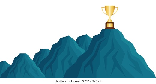 Trofeo en la cima de la montaña. Consecución de objetivos y concepto de éxito empresarial. 