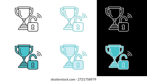 Icono de trofeo y candado abierto para desbloquear logros y recompensar el acceso en línea y estilo de relleno