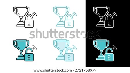 Trophy and open padlock icon for achievement unlocking and reward access in line and fill style