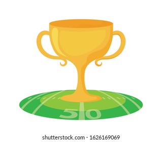 Trophy over field design, American football super bowl sport hobby competition game training equipment tournement and play theme Vector illustration