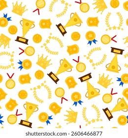 Trophy Pattern background. Gold Trophies Seamless Pattern. gold medal pattern background. competition theme pattern.