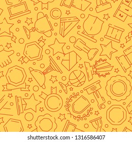 Trophy pattern. Sport winner rewards medal and cups textile texture vector seamless background thin line icons