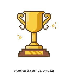 Trophy pixel art with sparkling, Winner cup in pixel art style