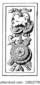 Trophy Plaque Panel decoration was found on the tomb of Galeazzo Pandona, its during the Italian Renaissance, vintage line drawing or engraving.