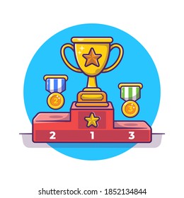 Trophy Podium And Gold Medal Vector Cartoon Illustration. Winning Award Champion Gold Trophy. Champion And Success Icon Concept. Flat Cartoon Style Suitable For Sports, And Business.