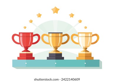Trofeo o tazas de ganadores realistas. Ilustración de dibujos animados