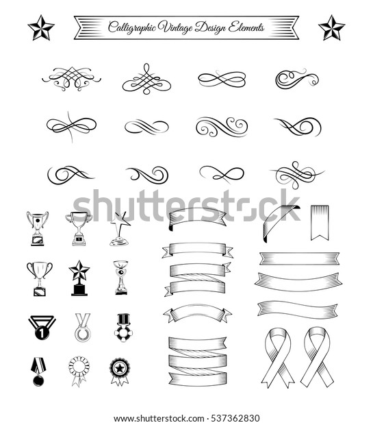 Trophy, ribbons and awards\
set. Filigree swirl divider. Vector illustration isolated on white\
background