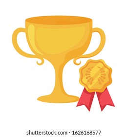 Trophy and seal stamp design, Winner first position competition success sport best leadership compete and challenge theme Vector illustration