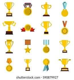 Trophy set icons in flat style isolated on white background