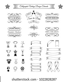 Trophy set. Ribbons, medals, awards, cups and banners collection. Vector Illustration Isolated On White Background. Vintage filigree elements.