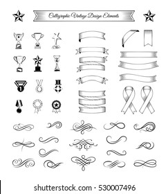 Trophy set. Ribbons, medals, awards, cups and banners collection. Vector Illustration Isolated On White Background. Vintage filigree elements.