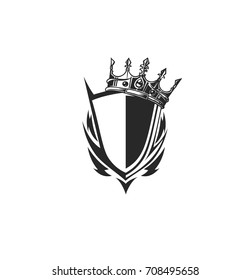 Trophy shield with crown icon, winner, rule, king, victory, success, award, white background, vector illustration