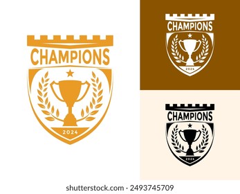 Trophy with Shield, fort, rice and star logo icon design template flat vector illustration, Award Winner logo design template