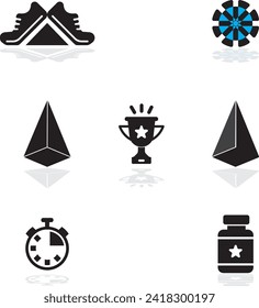 Trophy, Shoe, Timer, Protein, Medizin und Virus-Symbol.
