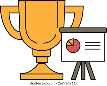 Se muestra un trofeo junto a un tablero de presentación. El trofeo es de oro y tiene una parte superior curva. El tablero de presentación es blanco y tiene un gráfico circular rojo. Concepto de logro y éxito