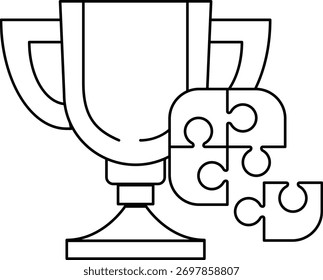 Se muestra un trofeo con una pieza de rompecabezas. El trofeo es un símbolo de logro y la pieza del rompecabezas representa la idea de juntar las piezas de un rompecabezas para crear una imagen completa