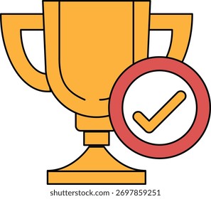 A trophy is shown with a red check mark on it. The trophy is yellow and has a gold rim. Concept of accomplishment and recognition