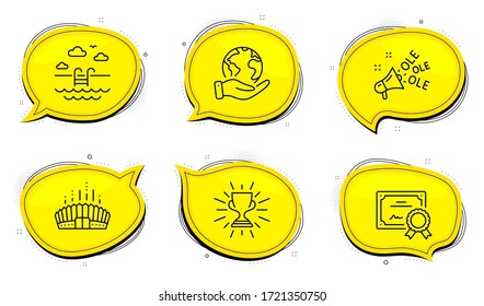 Trophy sign. Diploma certificate, save planet chat bubbles. Swimming pool, Ole chant and Arena stadium line icons set. Basin, Megaphone, Competition building. Winner cup. Sports set. Vector