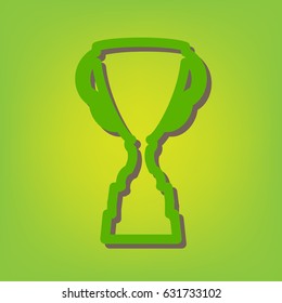 Trophy sign illustration. Vector. Green line icon with brown shadow at green-yellow background.