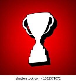 Trophy sign illustration. Vector. Perspective view of white icon with black outline at reddish background.