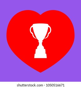 Trophy sign illustration. Vector. White icon in red heart at lavender background.