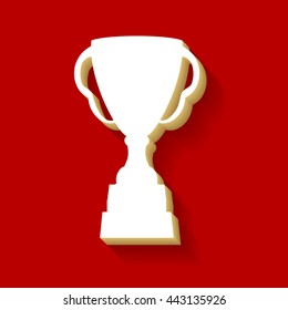 Trophy sign illustration. White button icon with wood color and shadow on dark red background.