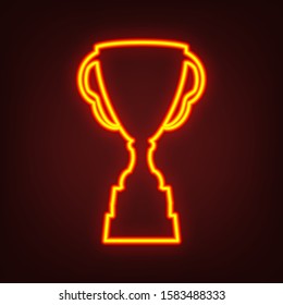 Trophy sign illustration. Yellow, orange, red neon icon at dark reddish background. Illumination. Illustration.