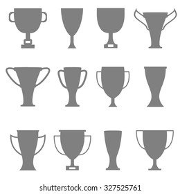Trophy silhouette icon set. Triumph, victory, success, award, winner, prize, insignia, glory symbol. Vector illustration