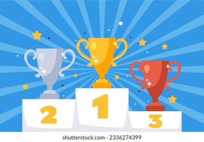 Trophy silver gold bronze winner cup on pedestal concept. Vector graphic design element illustration