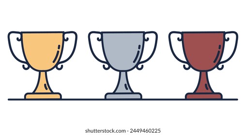 Trofeo de oro plata de bronce ganador copa en concepto de pedestal. Ilustración del elemento de Diseño gráfico de Vector