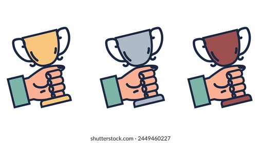 Trophy silver gold bronze winner cup on pedestal concept. Vector graphic design element illustration