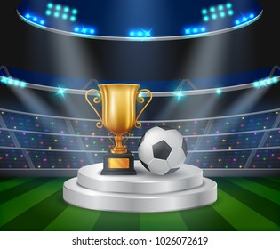 trophy and soccer ball on the podium with a football stadium background .vector illustration