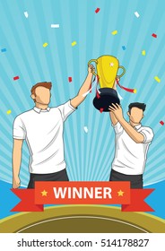 Trophy sports awards and winner team people holding up an award concept. Winner athlete and young champion sports. success competition sports awards character vector illustration.