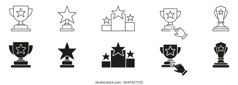 Trophy And Star Award Line And Solid Icon Set. Achievement, Recognition, And Success Symbol Collection. Celebratory And Competitive Excellence Representation. Isolated Vector Illustration.