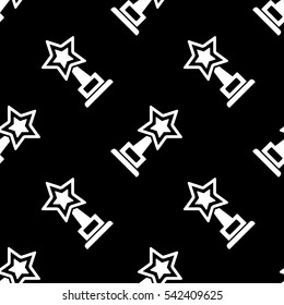 Trophy star cup and award icon seamless pattern, tiling ornament on black. Vector illustration