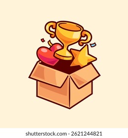 Trophy  With Star And Love Inside The Box Cartoon Vector Icon Illustration. Object Education Icon Concept Isolated Premium Vector. Flat Cartoon Style