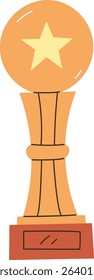 A trophy with a star on top in a cartoon style. The award features a round top and a rectangular base. Cartoon vector illustration.