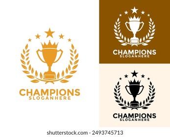 Trophy with star, rice and Crown logo icon design template flat vector illustration, Award Winner logo design template