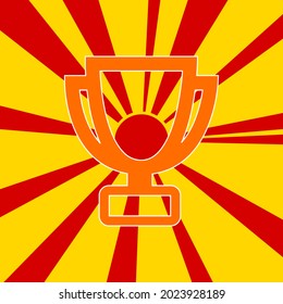 Trophy symbol on a background of red flash explosion radial lines. The large orange symbol is located in the center of the sun, symbolizing the sunrise. Vector illustration on yellow background