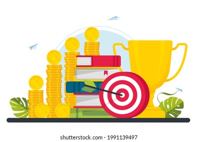 trophy, target, target, books. Motivation, job success, encouragement concept. Target achievement of business career or education goal. Business path success. Vector illustration