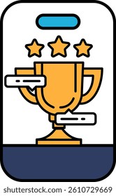 A trophy with three stars on it. The trophy is yellow and has a blue background. The trophy is a symbol of achievement and success
