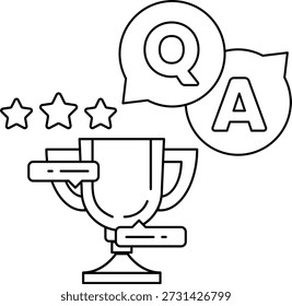 Un trofeo con tres estrellas y un signo de interrogación. El trofeo está rodeado por un círculo con las letras A y Q